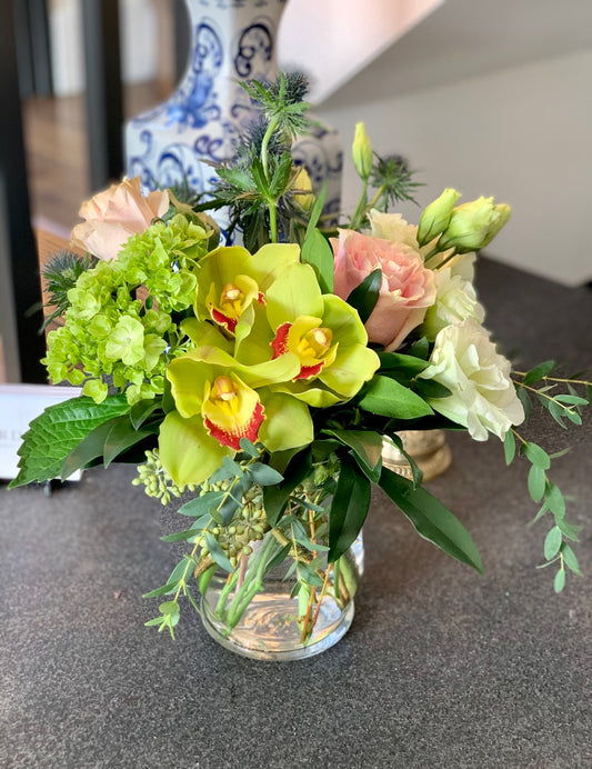 Colourful Orchid and Rose Vase